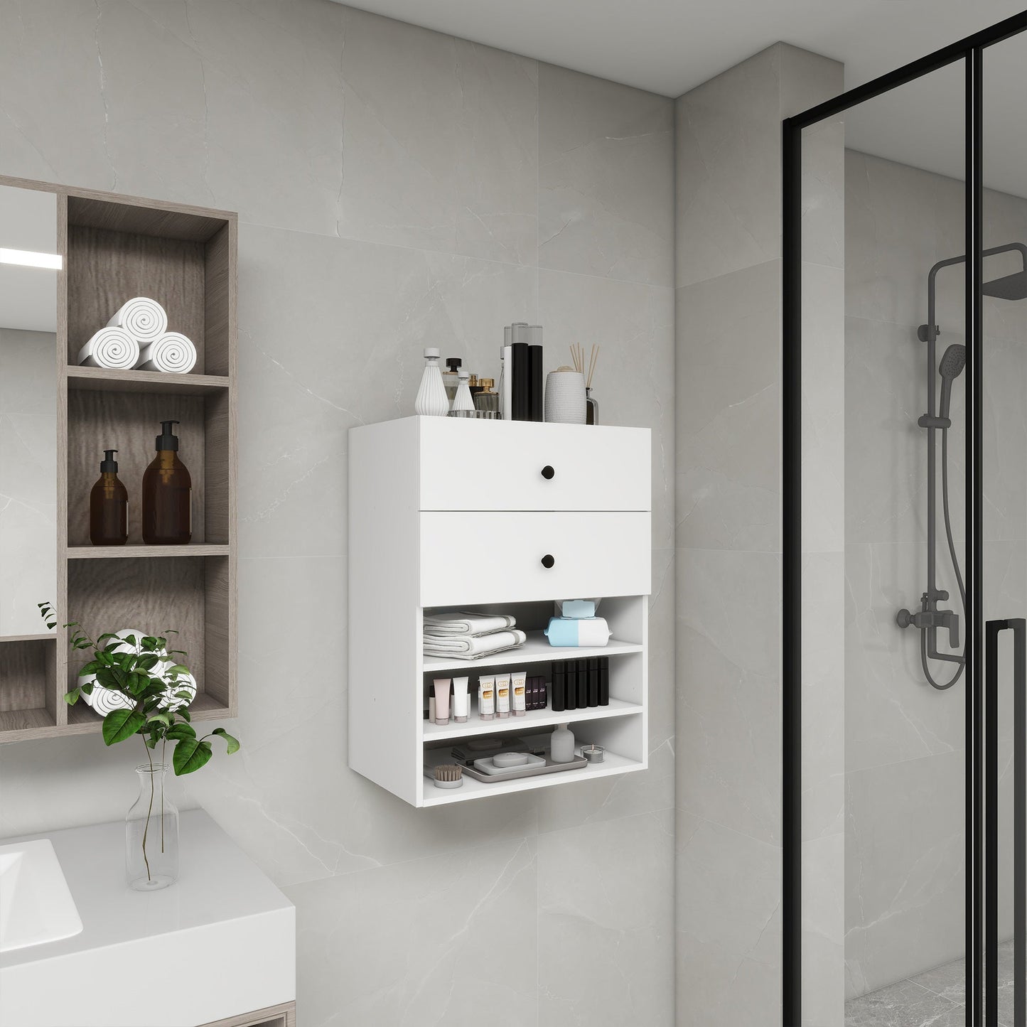 Wooden Closet Organiser System with 2 Drawers 3 Shelves Wall Mount Shelving for Walk in Closet Bedroom Organization Built in Clothes Storage White